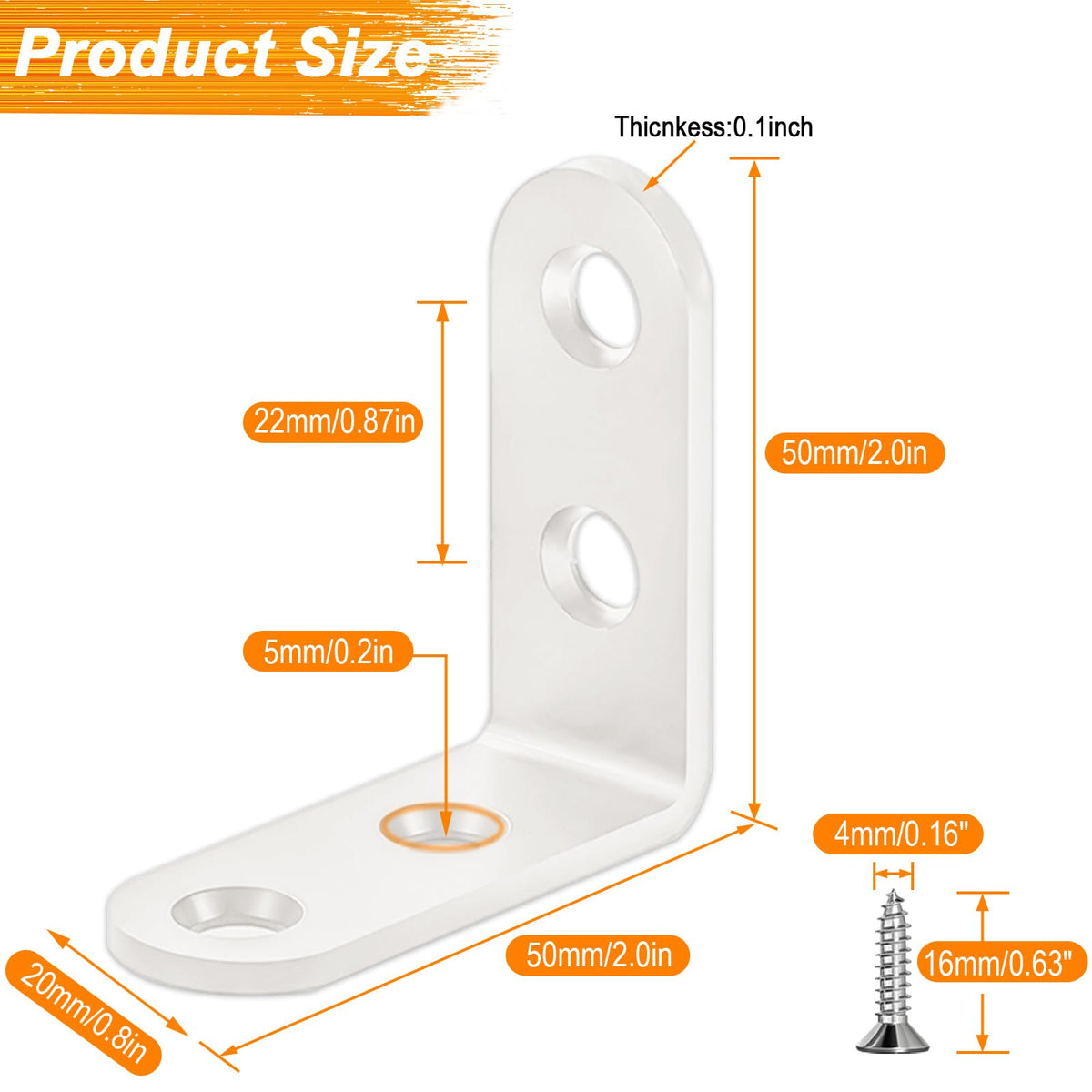 8PCS White L Bracket Corner Braces 2x2 inch, Stainless Steel Shelf Brackets