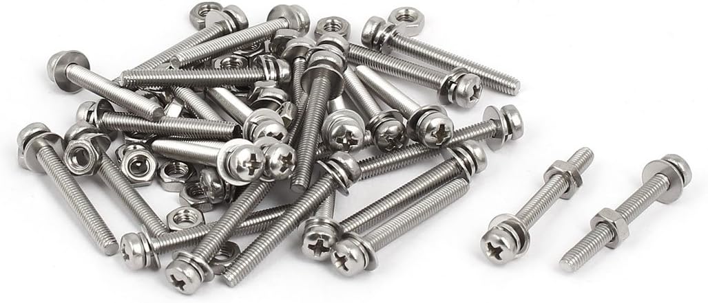 M3 x 25mm 304 Stainless Steel Phillips Pan Head Screws Nuts w Washers 30 Sets