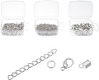 Jewelry Findings Kit, Fold Over Cord Ends with Lobster Claw Clasps, Extension Chains, Jump Rings for DIY Beading Bracelets Keychains Making, Silver