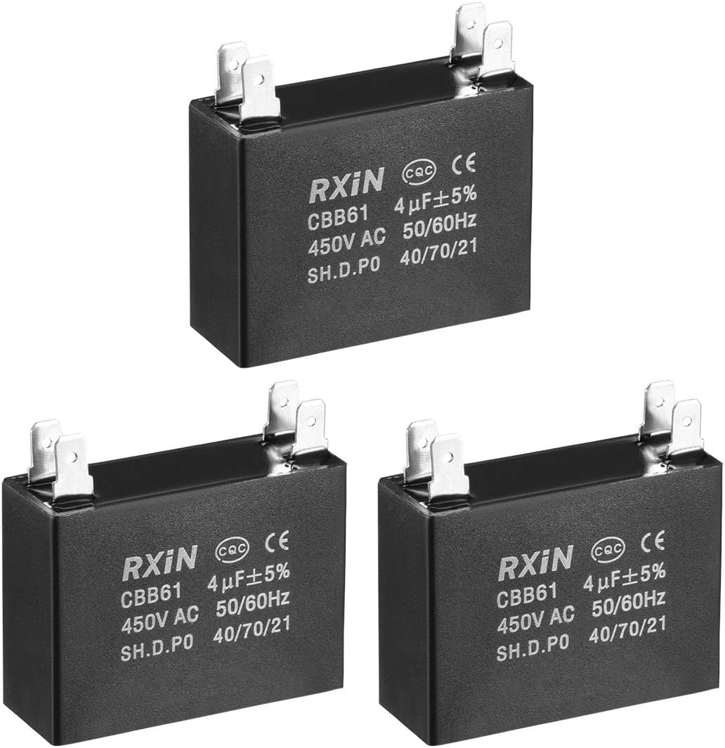 Ceiling Fan Capacitor CBB61 4uF 450V AC Double Insert Metalized Polypropylene Film Capacitors 47x17.5x34.5mm for Water Pump Motor Generator, Pack of 3