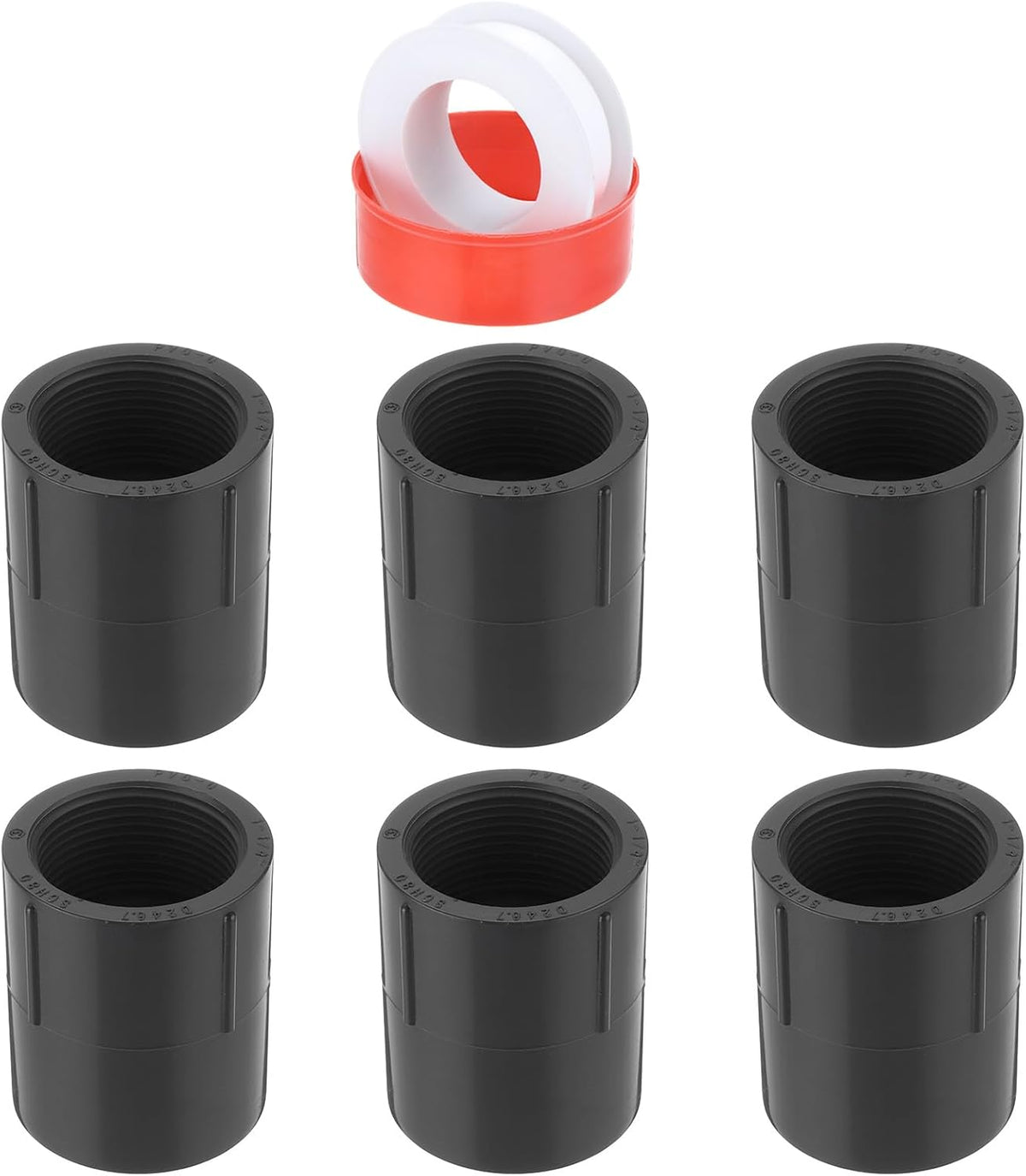 6 Pcs 1-1/4" PVC Female Adapter Pipe Fitting Fit for SCH80 Slip Coupling Female to Female Threaded Pipe Coupling Connector with Sealing Tape, Socket x NPT Female, Dark Grey