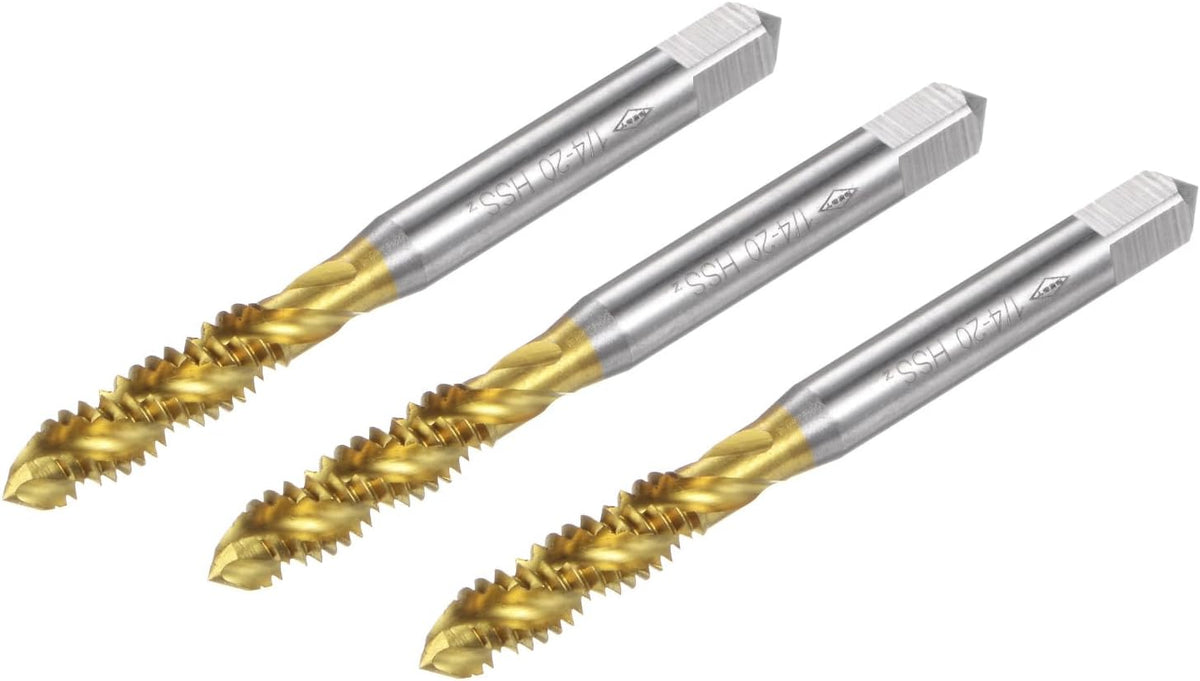 3pcs Spiral Flute Thread Taps, 1/4-20 UNC H2 Screw Threading Tap, Titanium Coated 6542 High Speed Steel Machine Tapping Tools for Machinist Repair