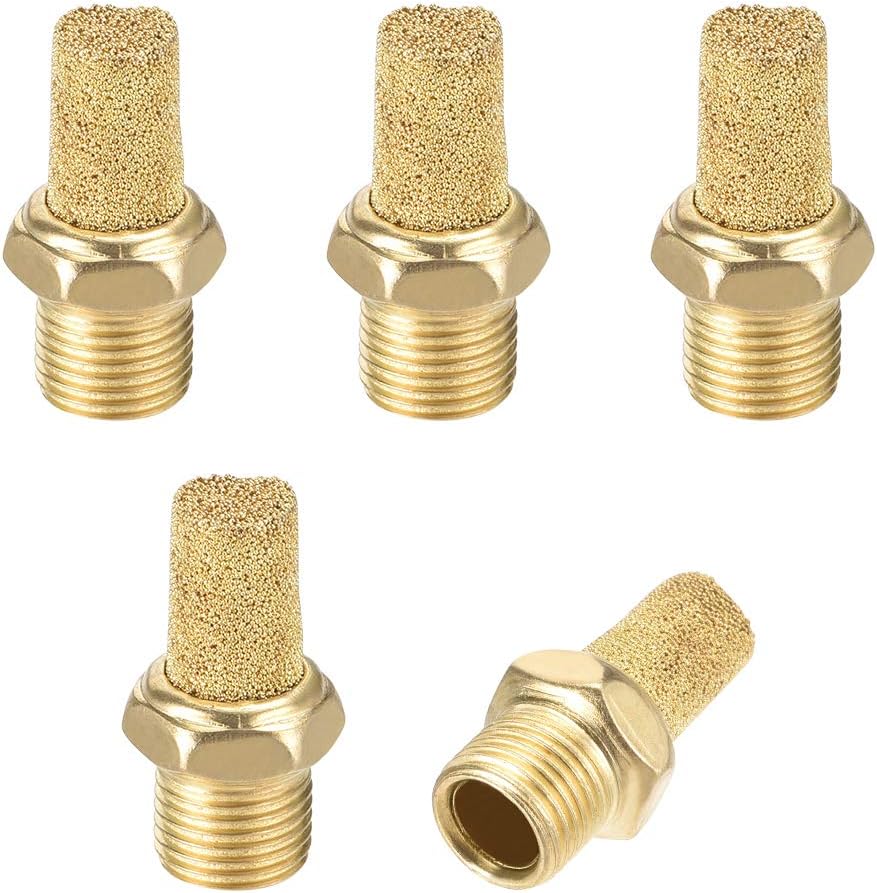 Brass Exhaust Muffler, 1/8" PT Male Thread 15/32" Hex Sintered Air Pneumatic Bronze Muffler with Brass Body Protruding 5pcs