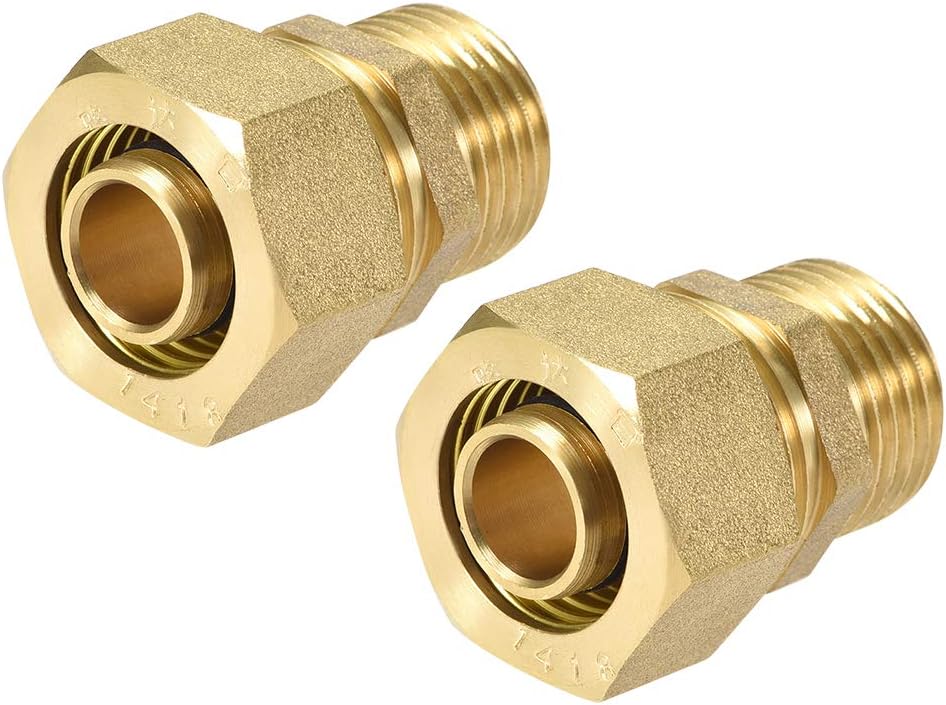 Brass Compression Tube Fitting Connector Adapter 18mm Tube OD X G1/2 Male Gold Tone 2pcs