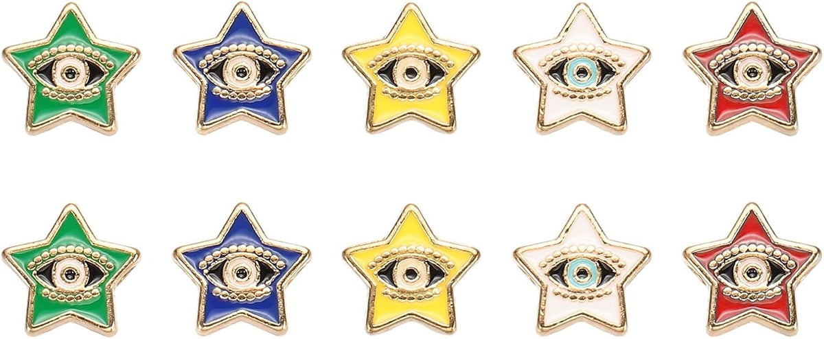 10Pcs Enamel Evil Eye Beads, 11mm Star Shaped Flat Loose Spacer Beads Metal Gold Filled Enamel Charm for Bracelet Necklace Earrings Keychain DIY Craft Making, 6 Colors