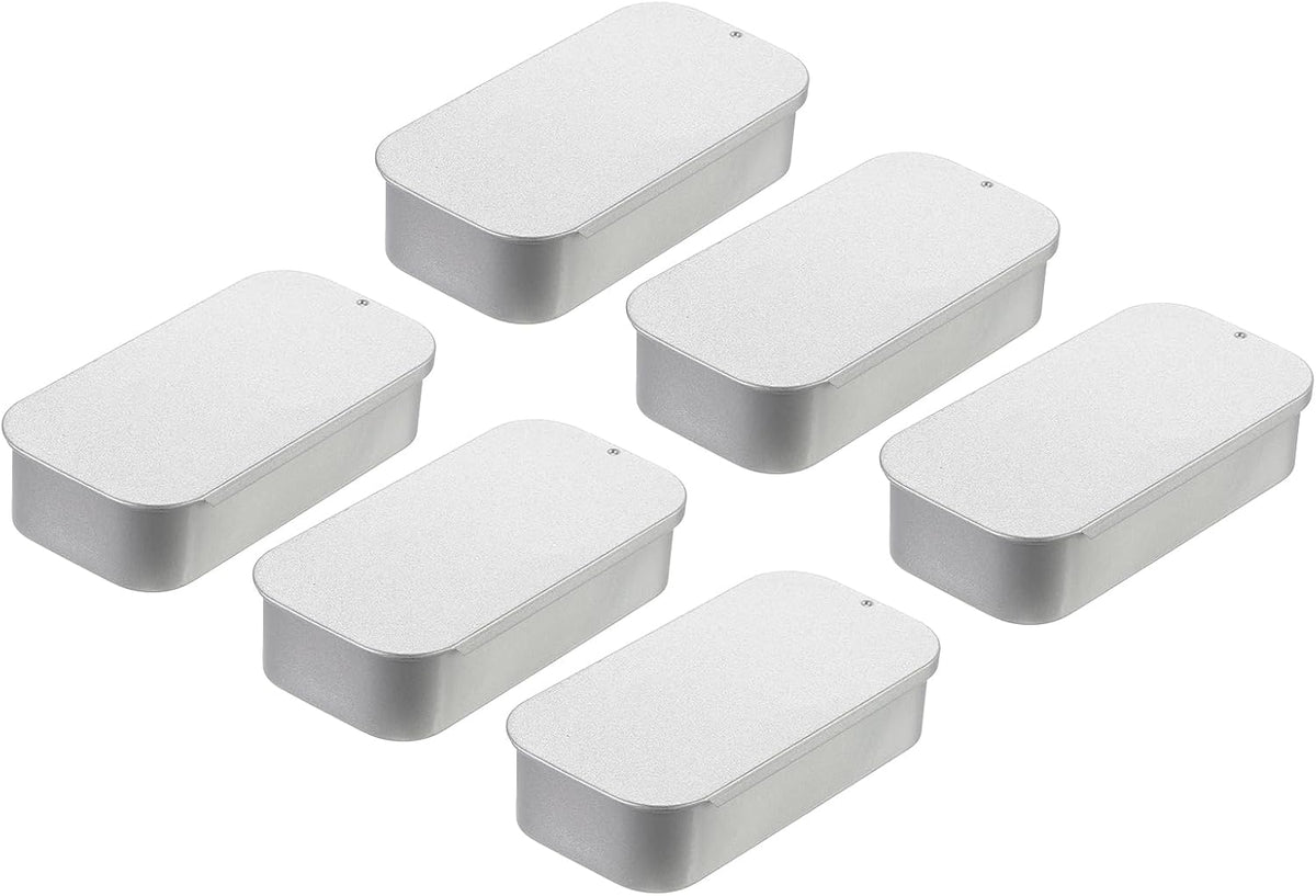 Metal Tin Box Containers, 6Pcs 3.5x1.8x0.8 Inch Silver Mini Portable Metal Slide Top Tin Containers for Jewelry Crafts