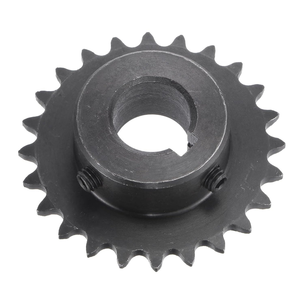 24 Tooth Roller Sprocket B Type, #25 Chain, Single Strand 1/4" Pitch, 15mm Bore Black Oxide C45 Carbon Steel, Keyway with Set Screws for ISO 04C