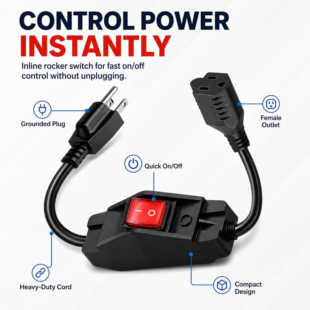 Câble d'extension de 1,3 m avec interrupteur, pour équipements électriques intérieur/extérieur