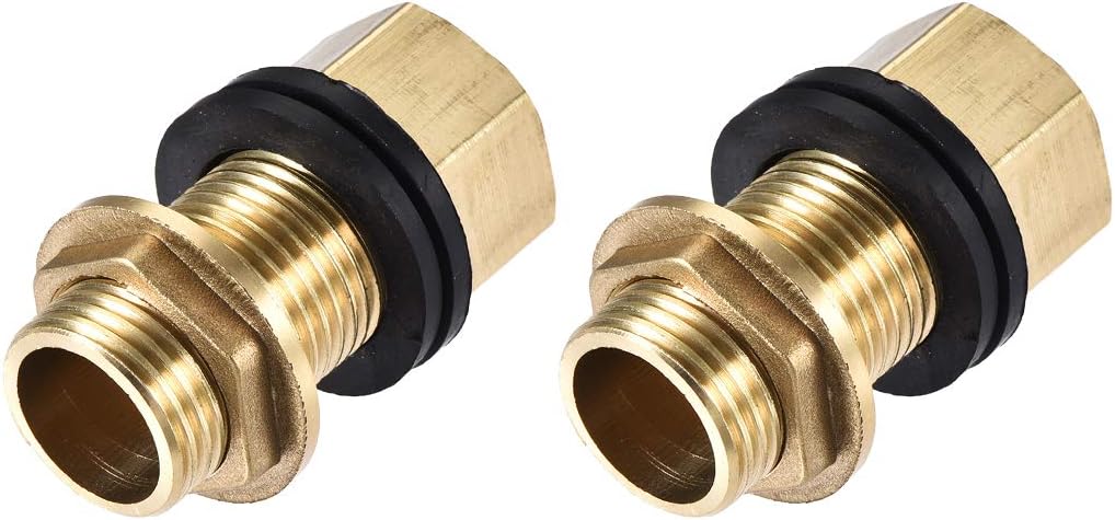 Bulkhead Fitting, G1/2 Male 0.75" Female, Hex Tube Adaptor Connector Hose Fitting, with 2 Silicone Gaskets, for Water Tanks, Brass, Gold Tone, Pack of 2