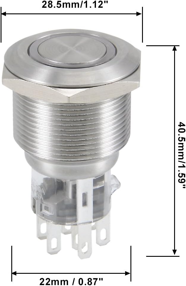 Interruttore a Push Button in Metallo a Chiusura 22mm Dia Montaggio DPDT 2NO 2NC 24V Luci LED Verdi