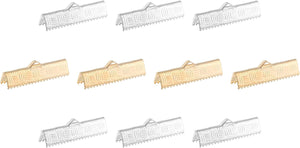 200Pcs Ribbon End Crimp Clamps, 25mm Stripe Texture Pinch Cord End Clasps for Ribbon Lace Bookmark Ends Keychain DIY Bracelet Making, White Silver, Gold