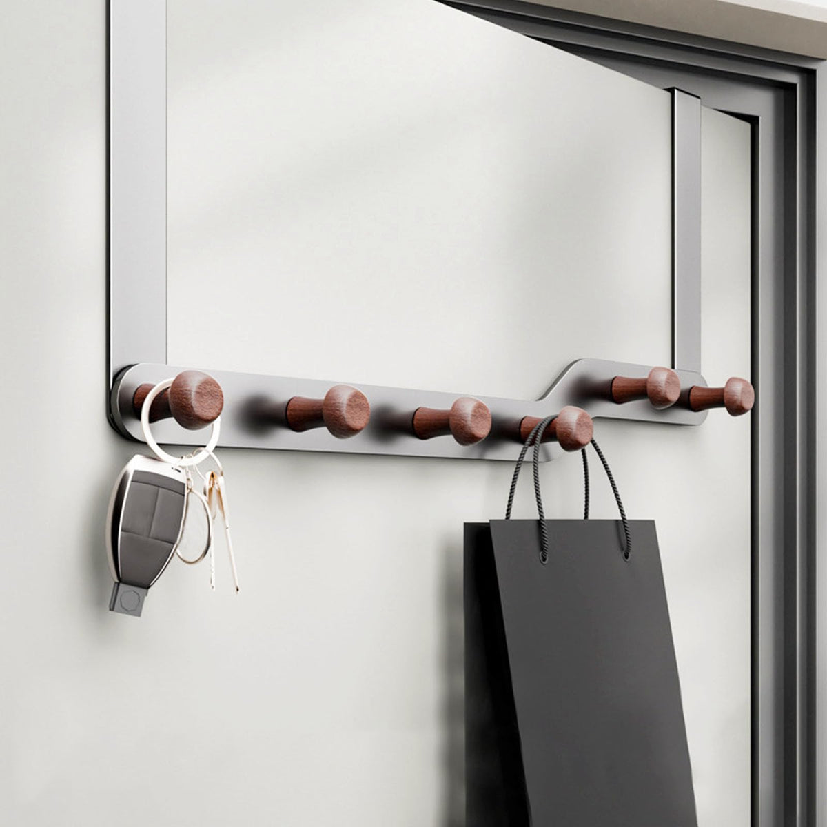 LinkMejor Over The Door Hooks Hanger for Clothes with 6 Wooden Hook，Over The Coat Hanger Hanging Coats Towel Rack for Towels, Clothes, Back of Bathroom Bedroom（Off White） (Brownish Black)