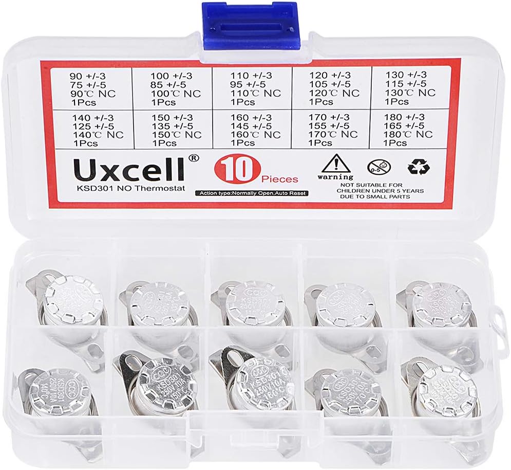 10pcs NC KSD301 Thermostat 90-180°C(194-356°F) Temperature Thermal Control Switch 90 100 110 120 130 140 150 160 170 180°C Normal Close Assortment Kit