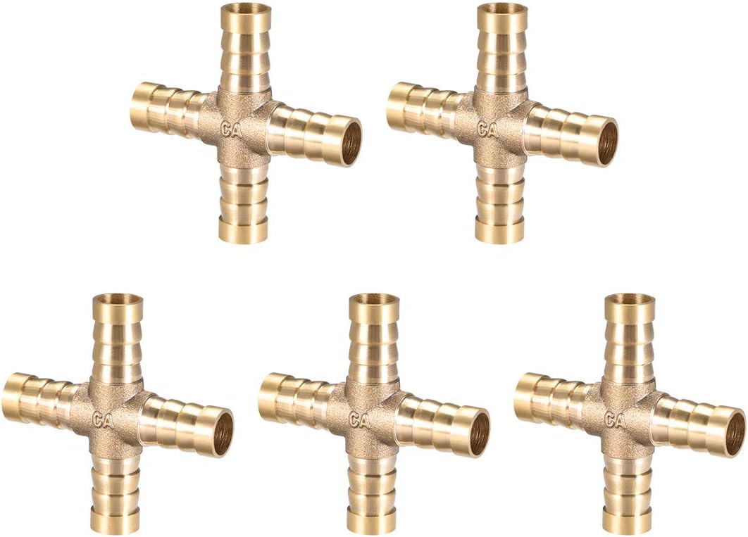 10mm or 3/8" ID Brass Barb Splicer Fitting 4 Ways Brass Cross Barb Fitting Air Gas Water Fuel,5pcs