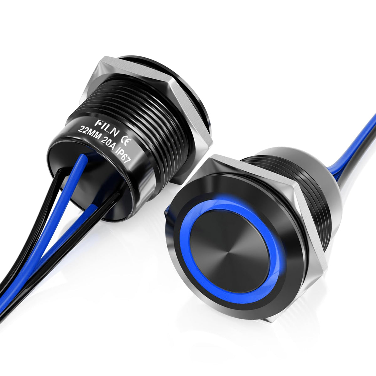 LinkMejor 2PCS 20A 22mm Latching Push Button Switch 12V-24V DC IP67 Black Shell