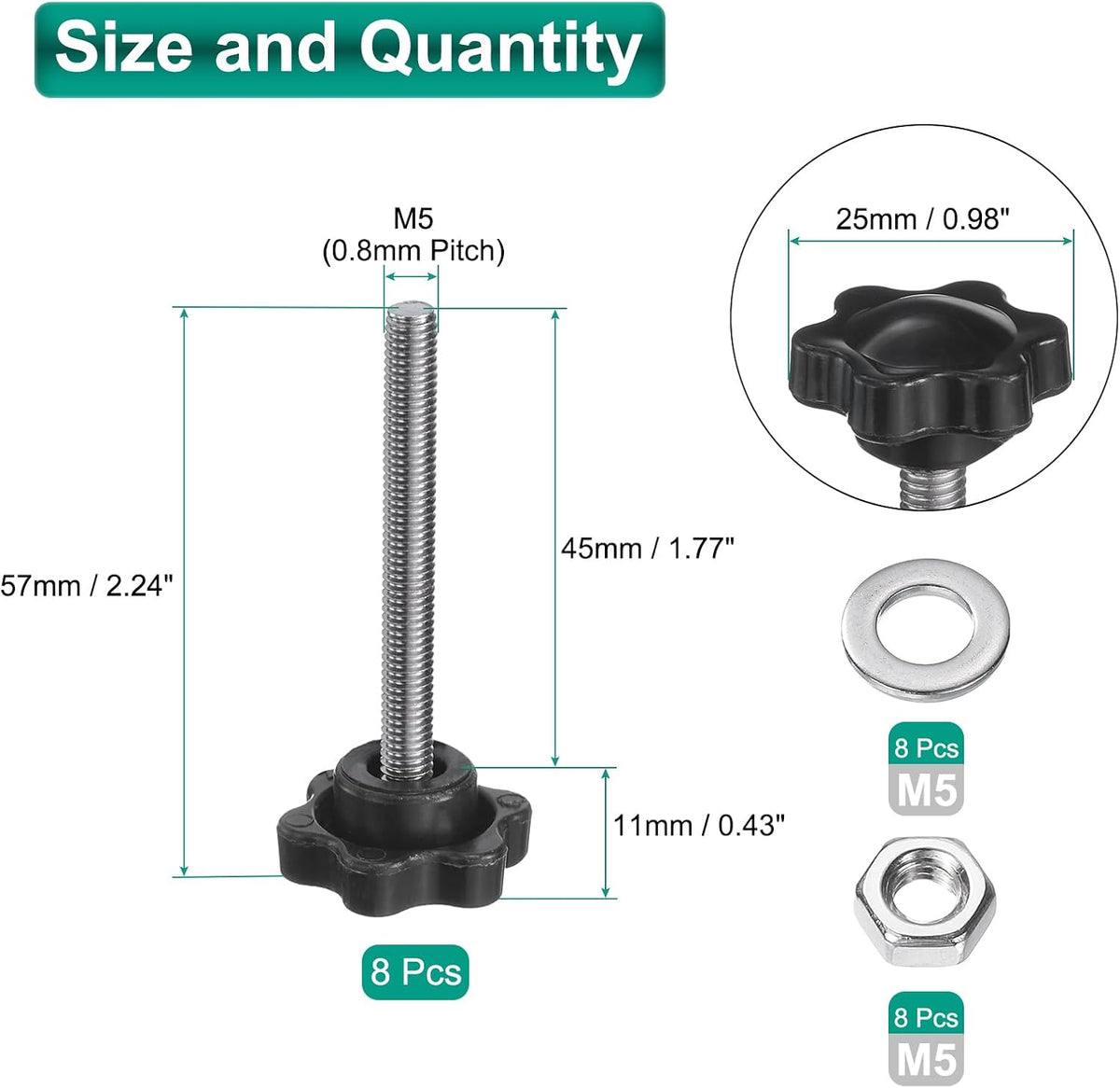 8pcs Sternklemmhebel mit Muttern Dichtungen, M5 x 45mm Metrisch 304 Edelstahl Männlich Gewinde 25mm 6-Sterne Kunststoffkopf, Gewindestift Handhebel Griffe Daumenmuttern