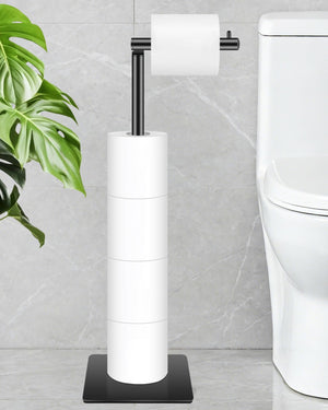 Free Standing Toilet Paper Holder, Bathroom Toilet Paper Stand with Shelf Hold 4 Paper Rolls, Modern Square Base Tissue Roll Storage Holder, Black, LinkMejor
