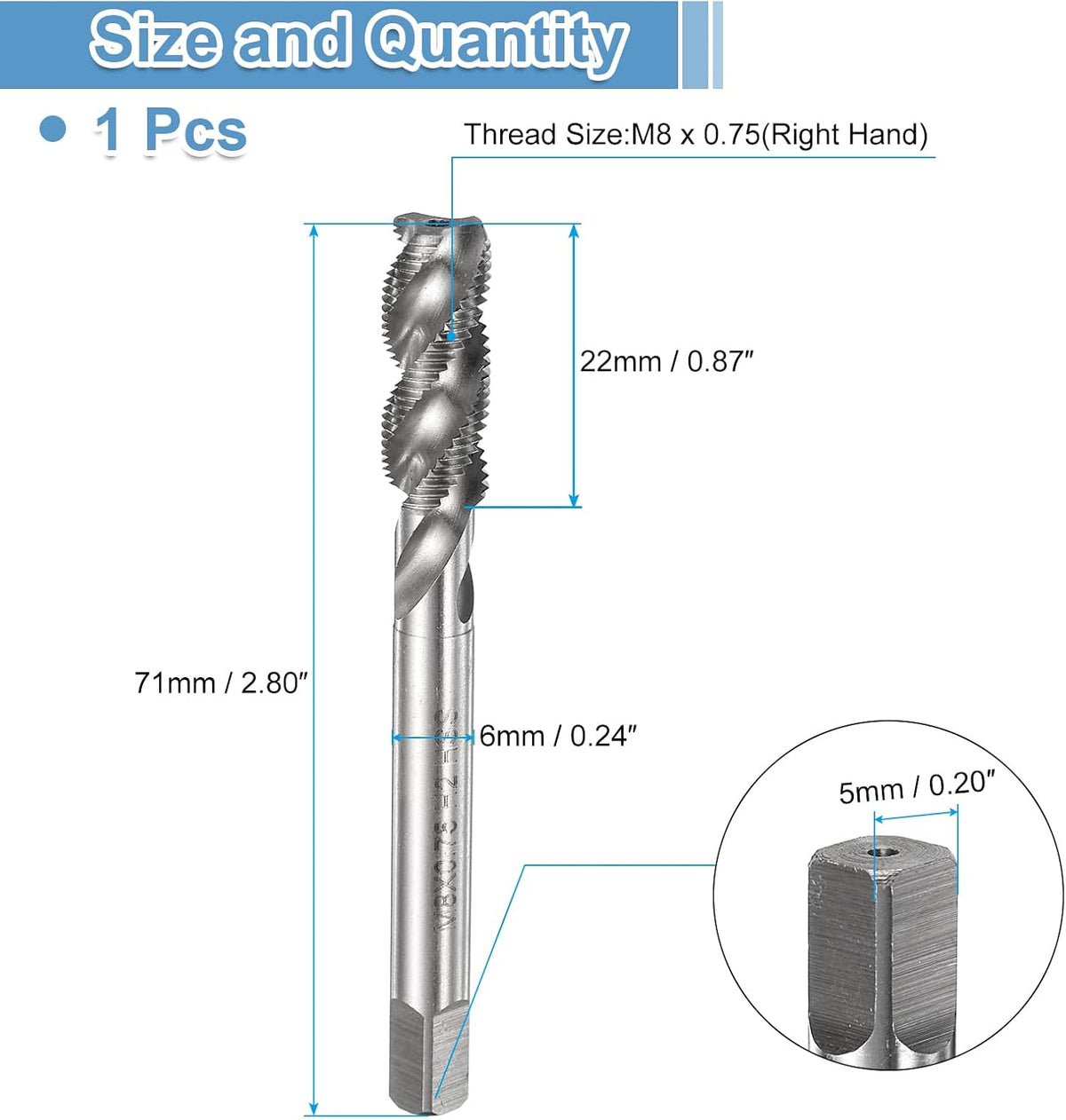 Spiral Flute Tråd Tap M20 x 1.5 H2 Metrisk Maskin Tråd Tap Bit, Ubehandlet Skruetrådning Reparationsværktøj, M2 Høgehastighedsskovl (HSS)