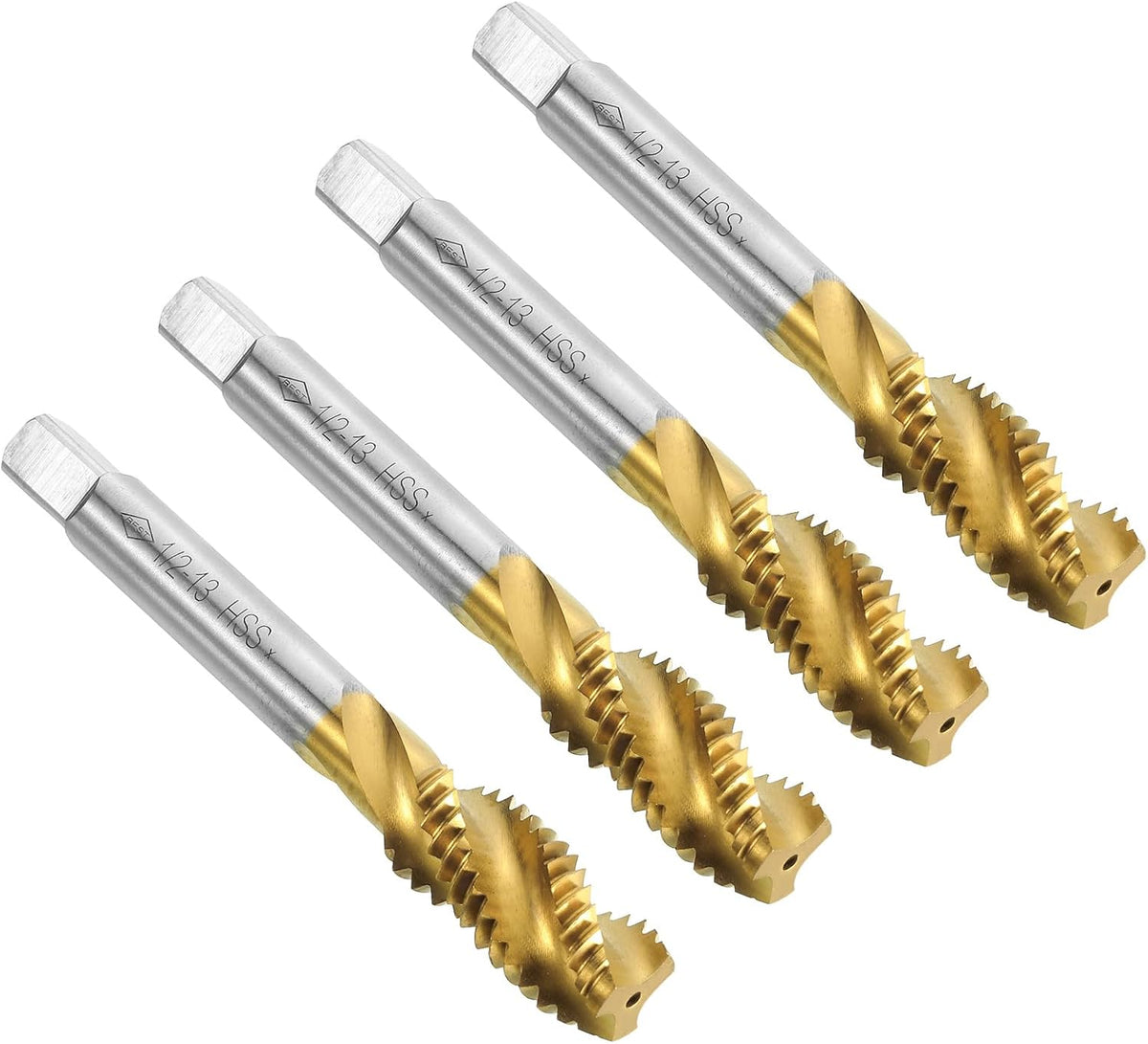 4pcs Spiral Flute Thread Taps, 1/2-13 UNC H2 Screw Threading Tap, Titanium Coated 6542 High Speed Steel Machine Tapping Tools for Machinist Repair