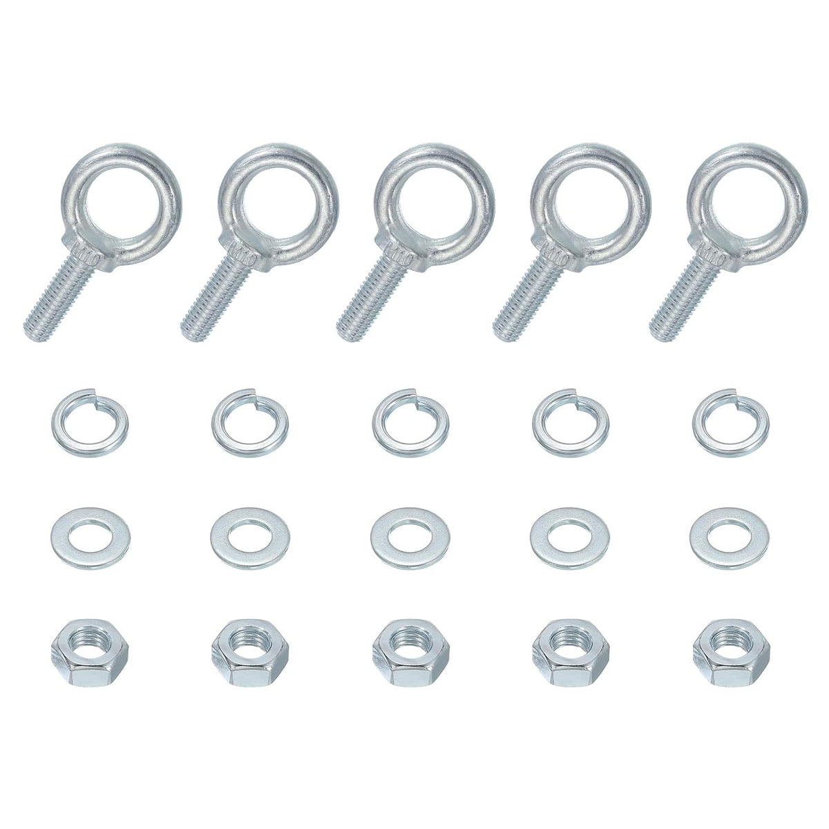 5 Pack M10 Galvanized Carbon Steel Eye Bolts, 3/8" x 1.18" Lifting Ring Eye Bolt with Nuts and Washers Heavy Duty Screw Eye Bolts Kit for Tie Down Straps Indoors Outdoors, Silver