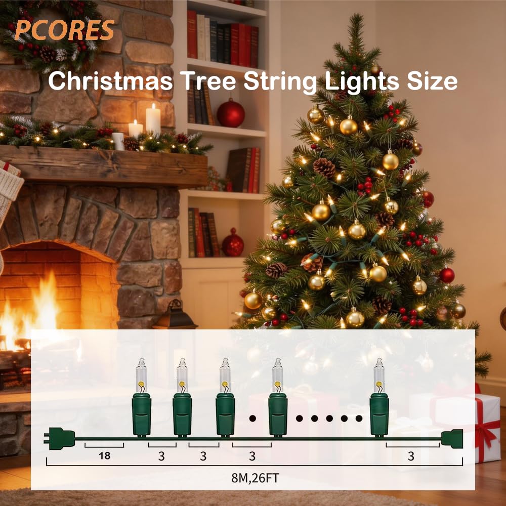 Clear Christmas String Lights 26ft 100 LED Warm White Outdoor String Lights