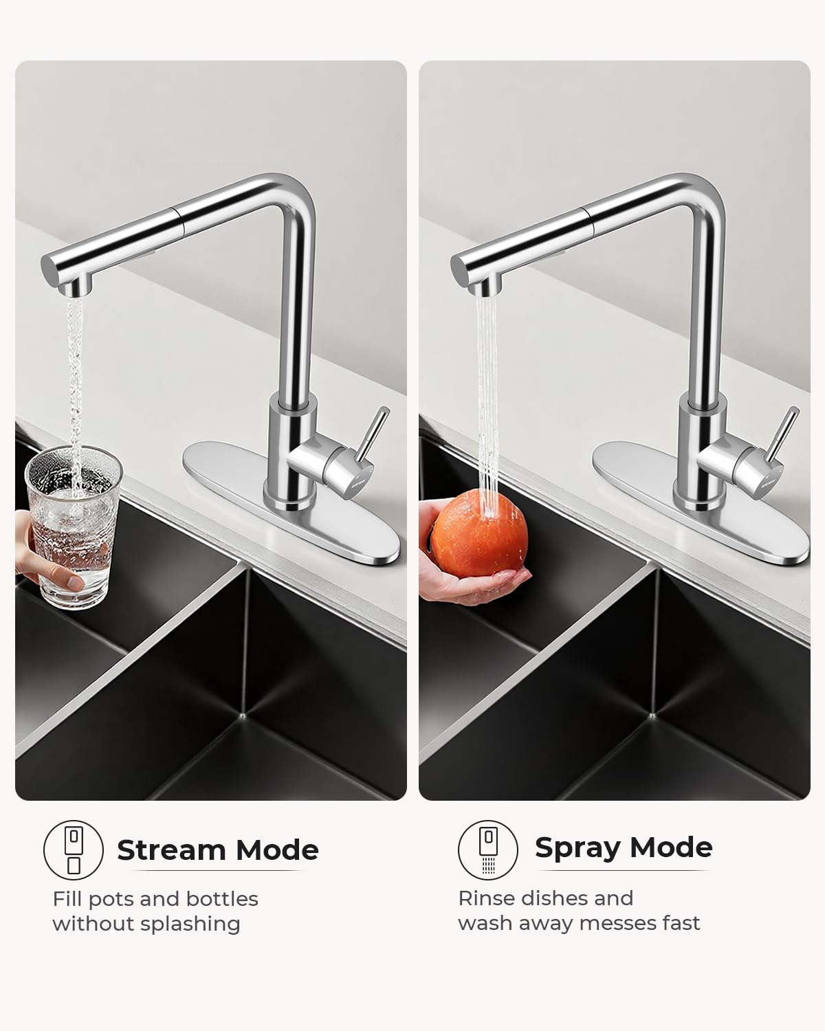 Torneira de Cozinha LinkMejor Pull Out, Spray de 2 Modos, Arco Alto, Cromo Polido