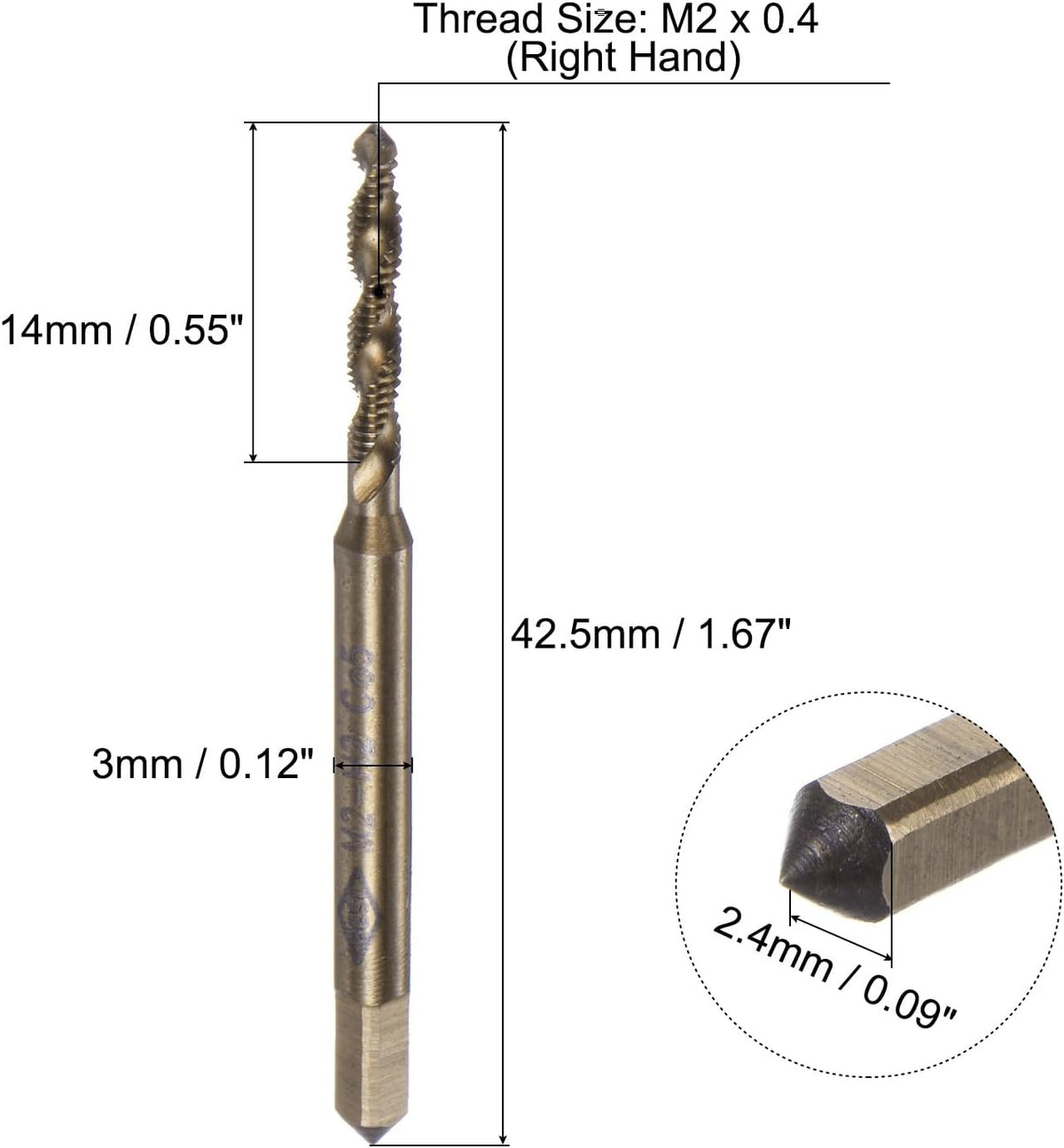 Metriska spiralflöjtspindelhjul, M4 x 0.7 H2 spindelskruvningshjul, maskintillverkningstillbehör för mekanikerreparation (M35 kobolt hög hastighetssvets (HSS-CO), oputsatt)