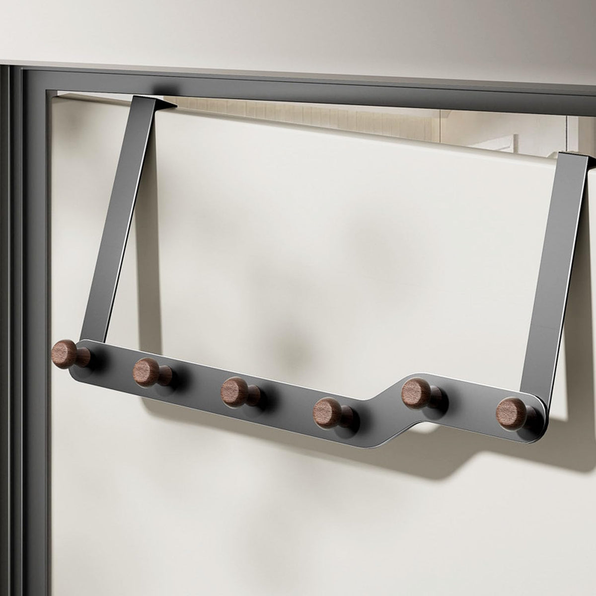 LinkMejor Over The Door Hooks Hanger for Clothes with 6 Wooden Hook，Over The Coat Hanger Hanging Coats Towel Rack for Towels, Clothes, Back of Bathroom Bedroom（Off White） (Brownish Black)