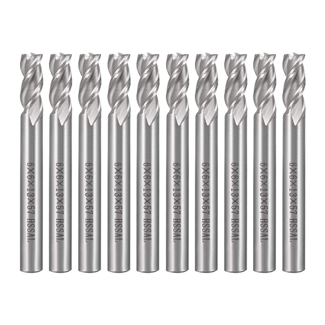 10PCS High Speed Steel HSS-AL 3 Flute Straight End Mill Cutter CNC Router Bits, 6 x 6 x 13mm