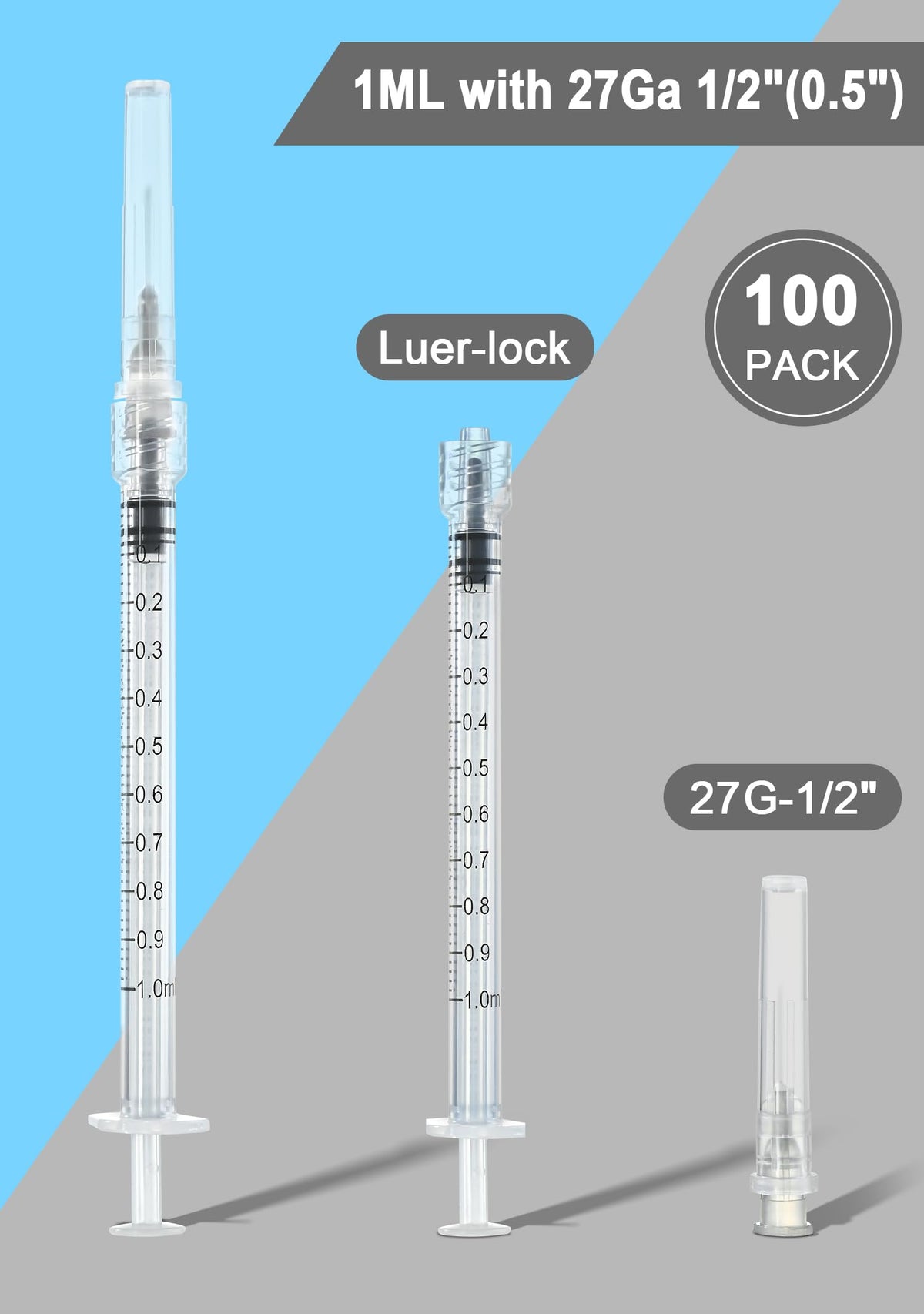 100 Pack 1ml 27G 0.5-Inch Luer Lock Seringue de Laboratoire Scientifique