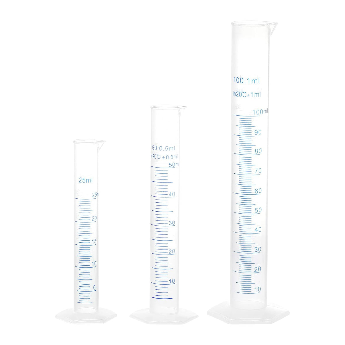 Plastic Graduated Cylinder, 25ml 50ml 100ml Measuring Cylinder, Double-Sided Metric Marking, Clear Hex Base, 3 in 1 Set