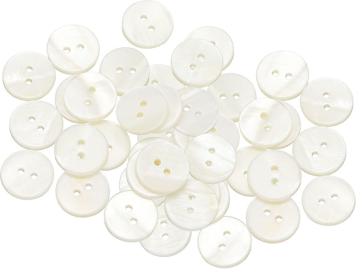 35Pcs Natural Shell Button, 2 Hole 15mm Round Mother of Pearl Buttons for Shirt Coats Suits Jackets Jeans Skirts DIY Sewing Crafts, White