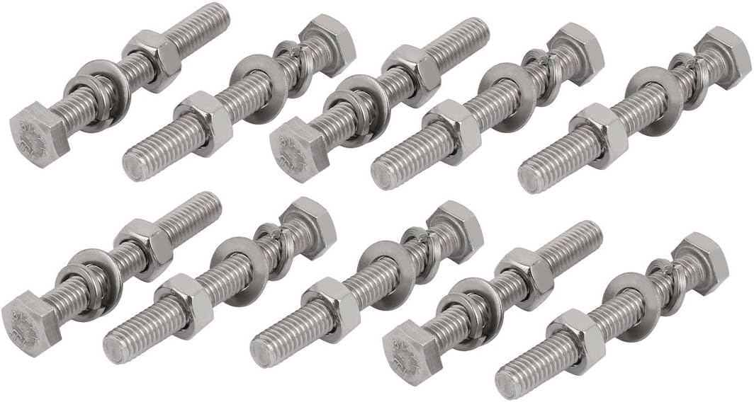 10pcs 304 Stainless Steel M6x50mm Hex Bolts w Nuts and Washers Assortment Kit