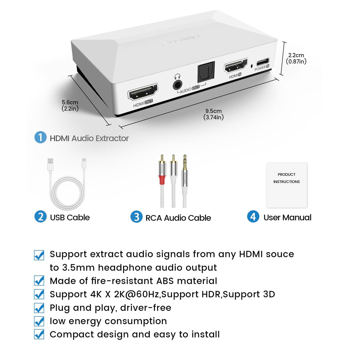 HDMI Audio Extractor 4K60 Opt 3.5mm Jack Adapter SplitterConverter AUX Hvid
