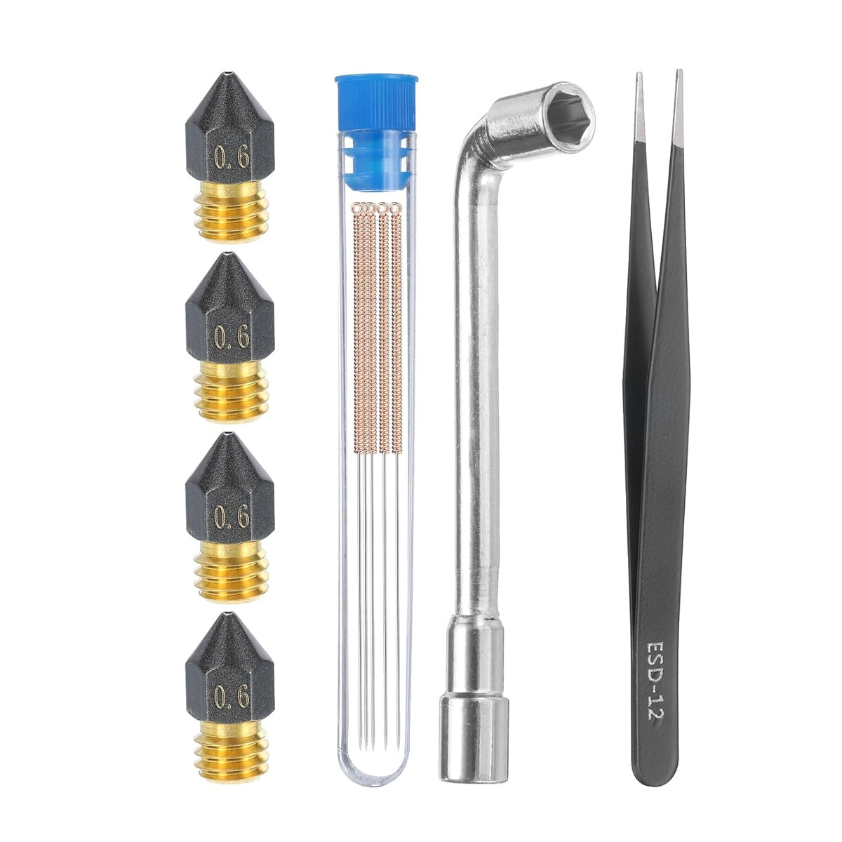 3D Nozzles Kit, 4pcs 3D Printer MK8 Brass Nozzles 0.6mm, 5pcs Nozzle Cleaning Needles, with a Socket Wrench and a Tweezer, for 1.75mm Ender3 Series