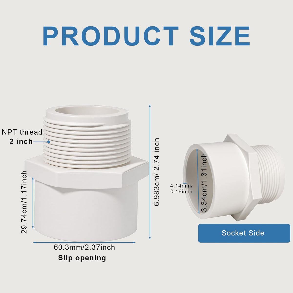 2 Inch Male Thread PVC Fittings White 2-Way PVC Pipe Coupling Adapter Connectors Coupling for 2 Inch Schedule 40 Pipe（2 Pack）
