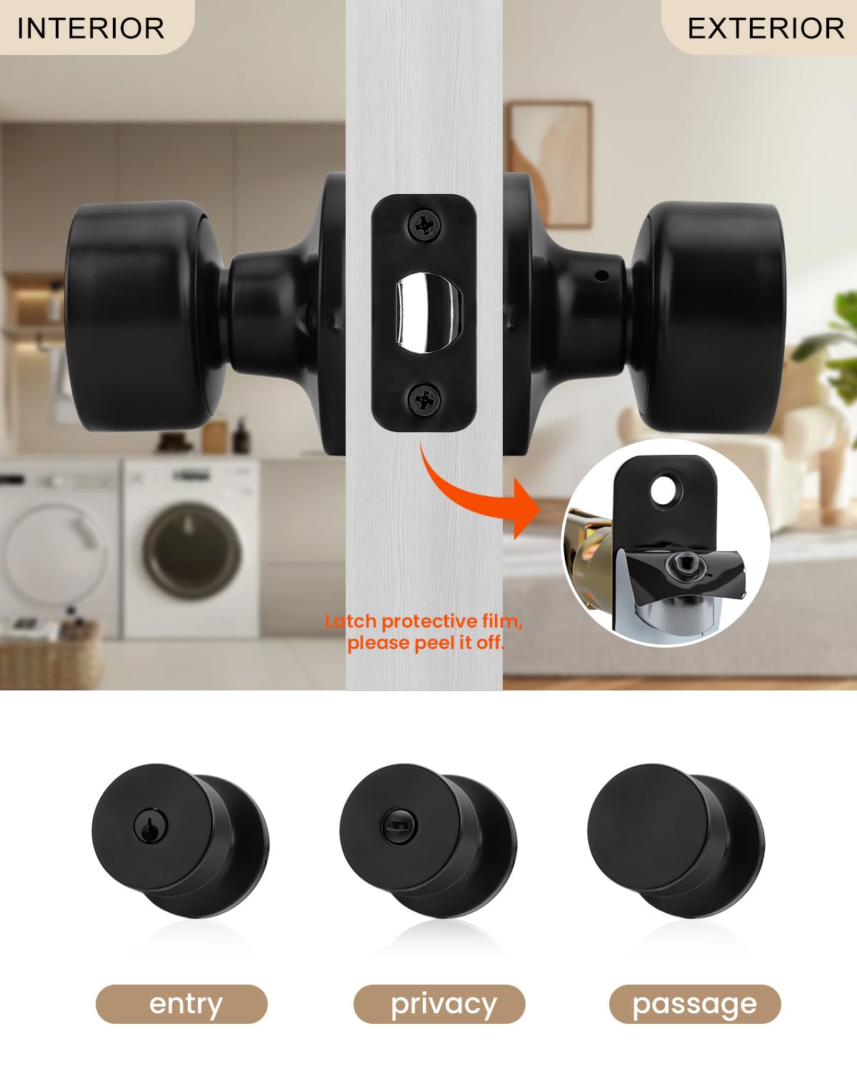 LinkMejor Matte Black Closet Door Knobs, Passage Door Knob for Closet, Black Round Door Knobs Interior Hallway 3 Pack