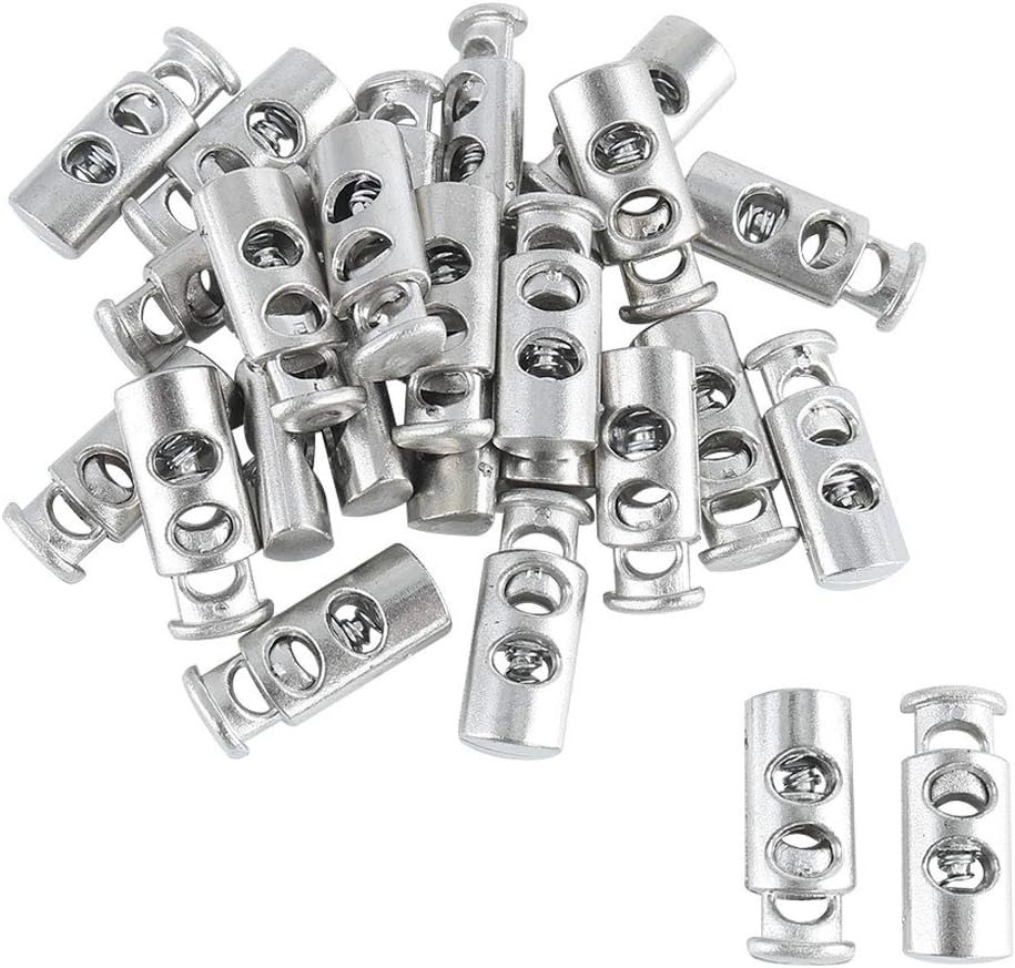 LinkMejor 25pcs Plastic Cord Locks Stopper End Spring Double Holes Toggle Fastener Stopper Rope End for Drawstrings Clothing Bags Silver Tone