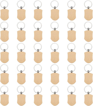 30pcs Wooden Keychain Blanks, Wood Engraving Blanks Key Chain, Unfinished Wood Key Tags Key Rings Wood Key Chain Bulk for DIY Gift Crafts (Shield Shape)