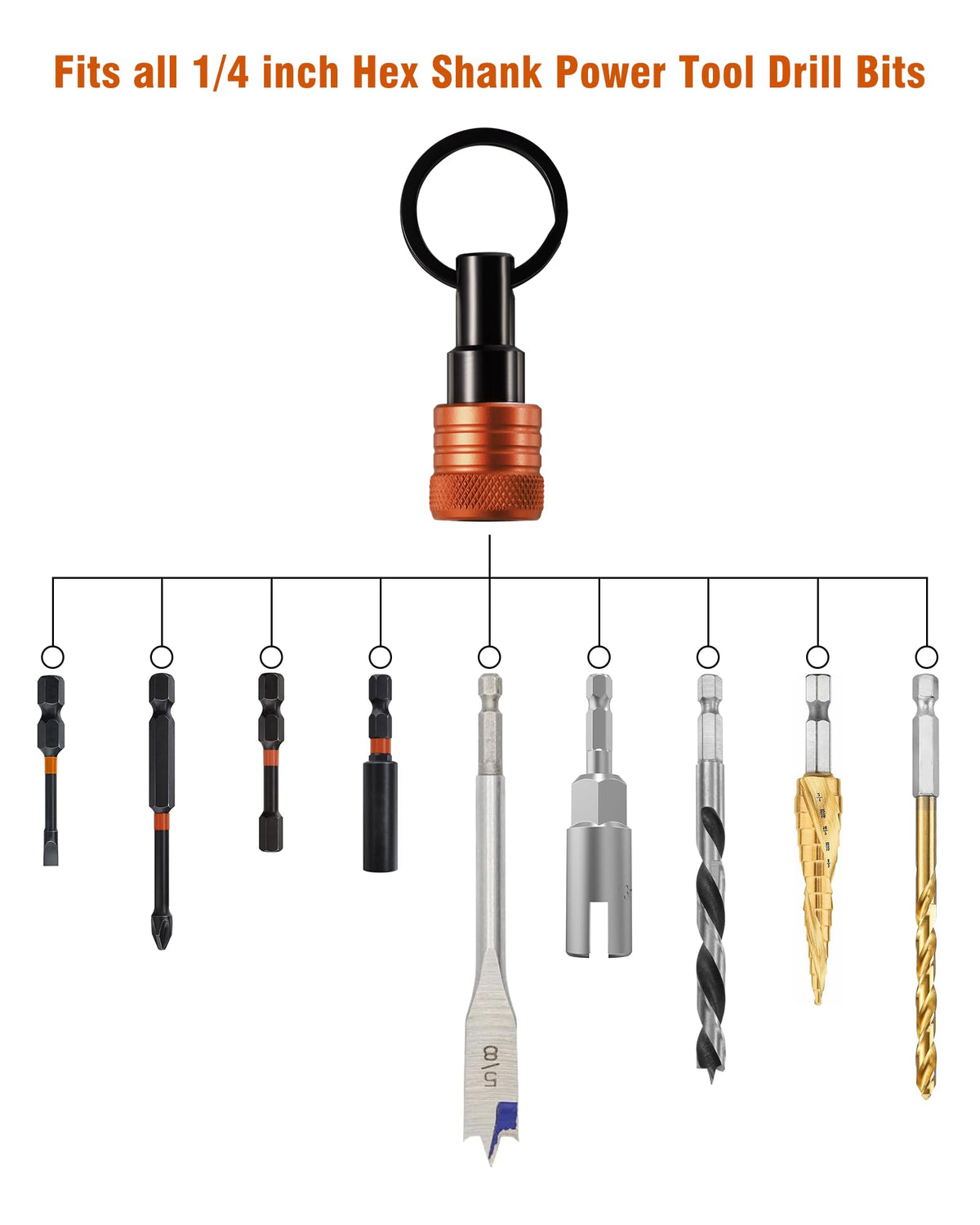 Bit Holder Keychain 12 Pcs, 1/4-Inch Hex Shank, Quick Release, Orange