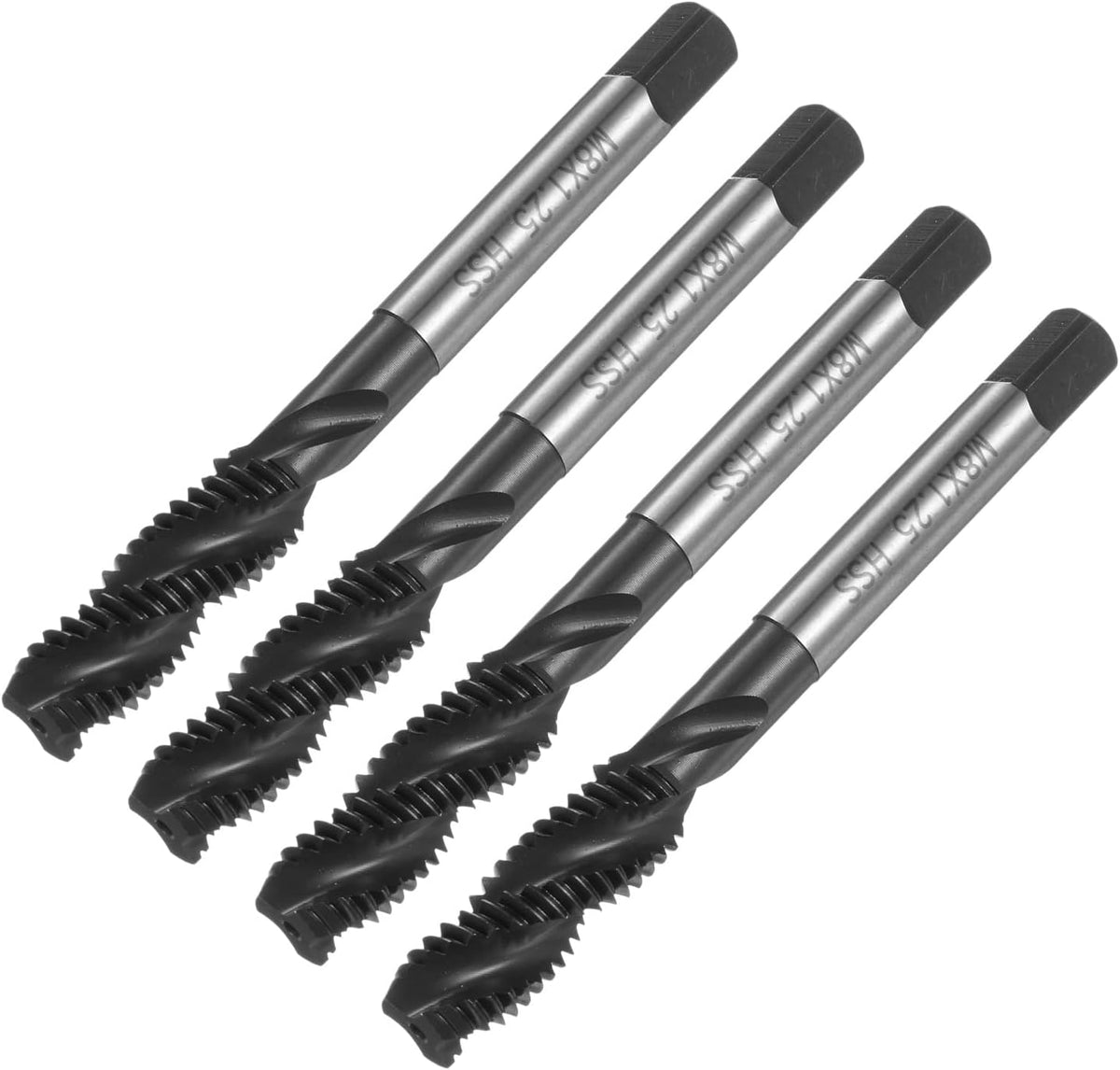 4pcs Metric Spiral Flute Thread Taps, M8 x 1.25 H2 Screw Threading Tap, Nitride Coated 6542 High Speed Steel Machine Tapping Tools for Machinist Repair