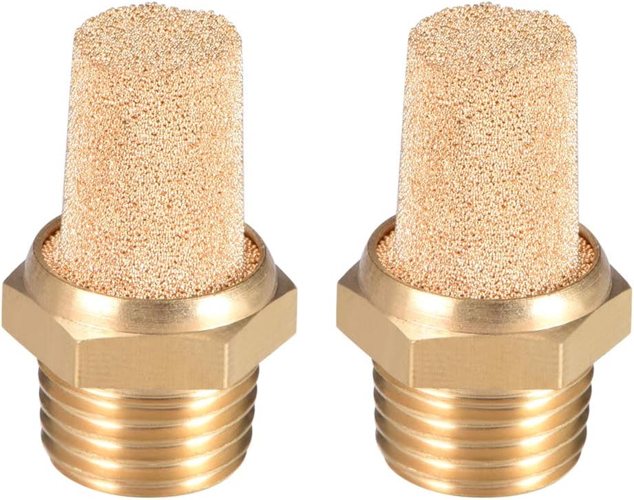Brass Exhaust Muffler, G1/4 Male Thread 19/32" Hex Sintered Air Pneumatic Bronze Muffler with Brass Body Protruding 2pcs