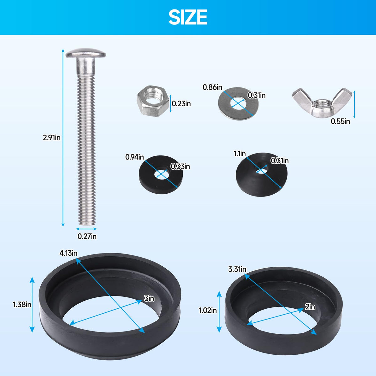 Toilet Tank to Bowl Bolt & Gasket Kit, 304 Stainless Steel Bolts, High-Density Foam Rubber Gasket, Compatible with 2-Inch and 3-Inch Seals, Easy Installation for Leak and Loose Connection Repairs