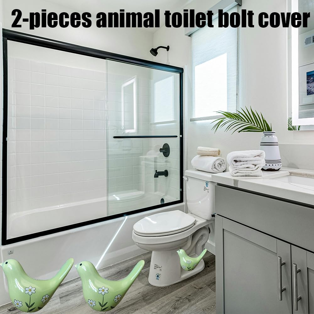 2PCS Toilet Bolt Covers Decorative, Cute Bird Toilet Screw Cover Caps, Ceramic Toilet Bolt Caps Decorative, Funny Bathroom Accessories, No Tools Easy Installation Bathroom Decor (Green)