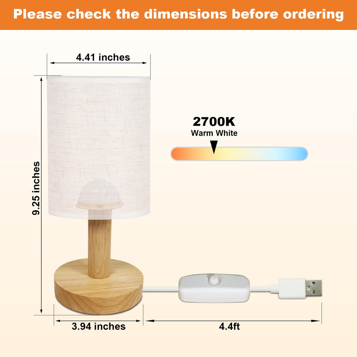 Liten sängbordslampa, USB-driven, Träbas & Tygskärm, Warmskt ljus