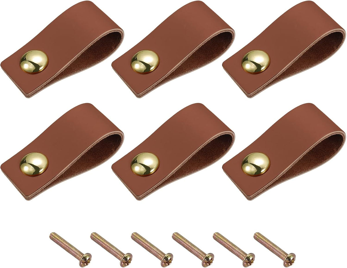 Leather Drawer Pulls, 2.52" 6Pcs Surface Leather Furniture Handles, Door Handle Strap Suitcase Dresser Drawer Knobs Pull Replacement with Screws, Brown+Gold