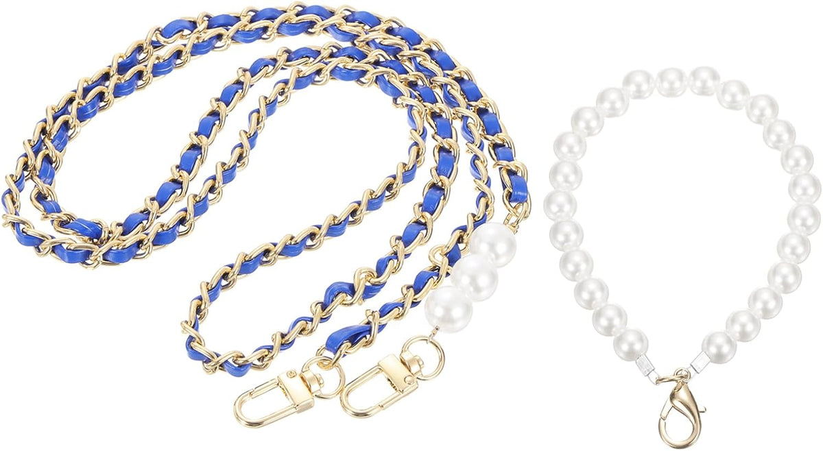 Purse Chain Strap, Iron Replacement Strap Crossbody Bag Chains Phone Lanyard with Buckles and Pearl for Wallet Clutch Bags, 49 Inch, Gold & Blue
