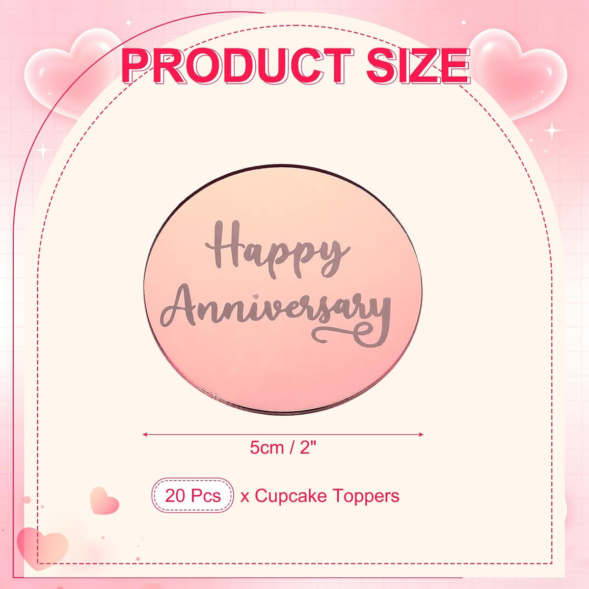 20Pcs Acrylic Mirror Cake Toppers, Happy Anniversary Cupcake Toppers Hexagon Shapes Laser Picks Dessert Decorations for Celebrating Party Wedding Shower, 059-Rose Red