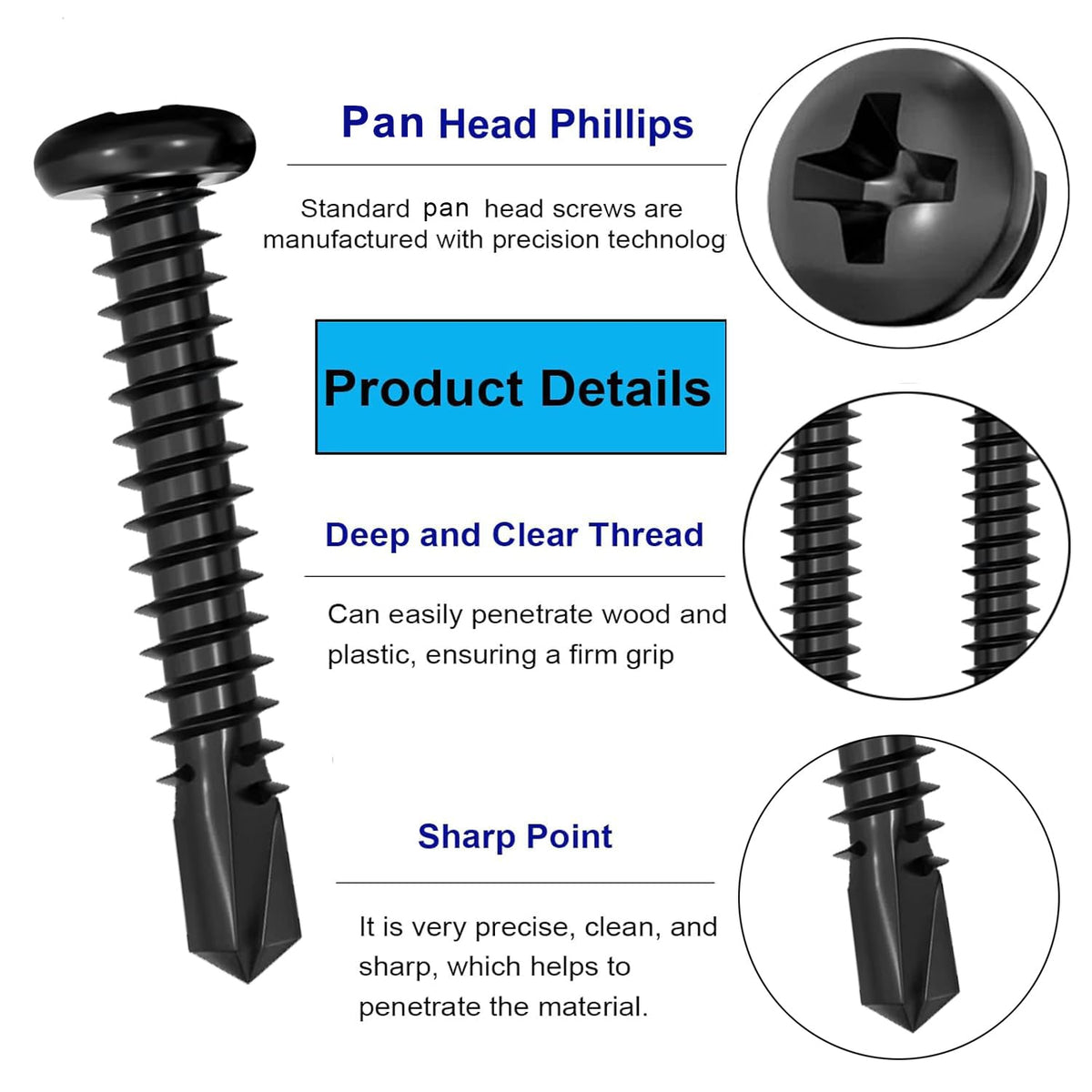 LinkMejor 100Pcs Black High-Strength Quick Self Tapping Screws for Metal, 410 Stainless Steel, #8 x 1-1/2" Phillips Drive Pan Head Self Drilling Screws, Sheet Metal Screws, Deck Screws Kit with 1 Bits