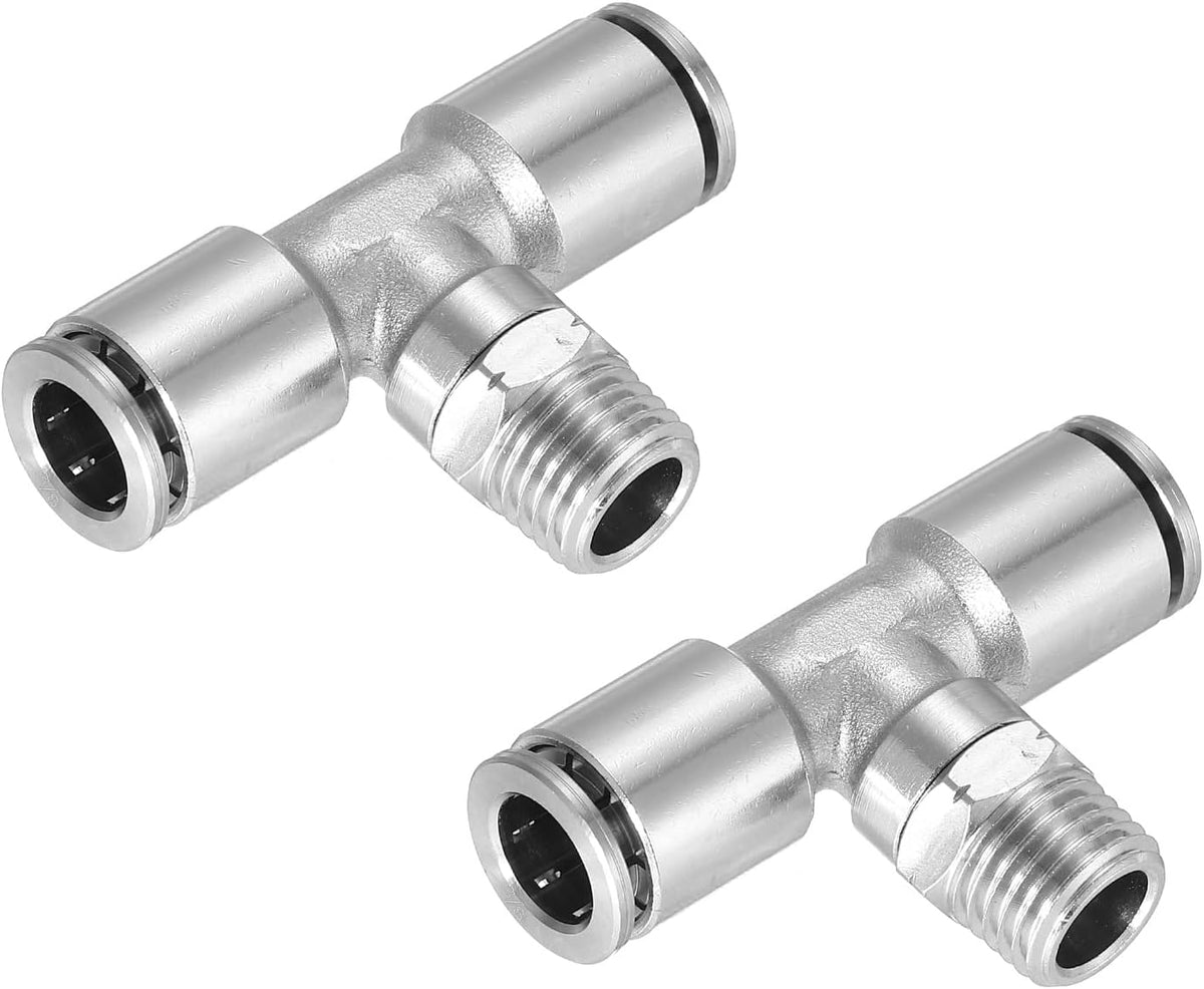 Tee Push to Connect Tube Fittings 3/8" Tube OD x 1/4" NPT Male Thread Nickle-Plated Brass Union Adapter Fitting, Silver 2Pcs